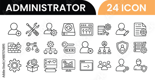 Outline Administrator Icon in Line Art Style for User Control, System Administration, Management, and Digital Interface Design