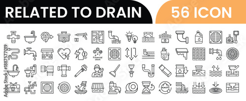 Collection of 56 icons related to drainage and plumbing systems