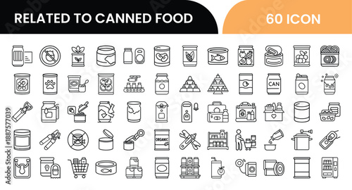 Outline Canned Food Icon Set in Line Art Style for Preserved Food, Grocery Store, Ingredients, and Digital Interface Design