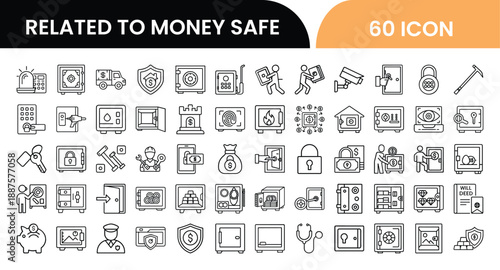 Outline Money and Safe Icon Set in Line Art Style for Cash, Banking, Vault, Finance Security, and Digital Interface Design