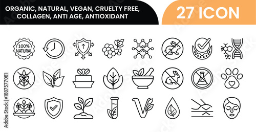 Collection of 27 icons representing organic natural vegan cruelty free themes