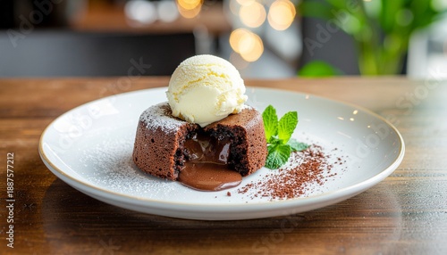 Decadent molten chocolate lava cake, sumptuously served with creamy vanilla ice cream, beautifully presented on a white plate, offering an irresistible gourmet dessert experience