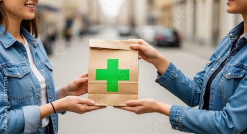 Happy customers receiving pharmacy paper bag delivery on a city street, showcasing convenient urban healthcare and medication purchase.