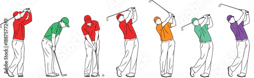 Professional golf swing sequence illustration set showing full motion from backswing to follow-through for coaching and sports branding vector