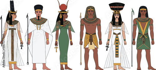 Ancient Egyptian character illustration set with pharaoh queen and deity figures in traditional attire holding Ankh and scepter vector
