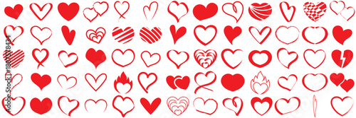 Red Heart Icons Love Symbol Collection. Large collection of red heart symbols in different styles, expressing love, romance, and affection for Valentine and romantic designs.

