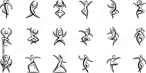 Abstract dance and movement icon set with stylized human figure silhouettes for fitness yoga and performing arts branding vector