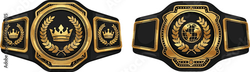 Gold championship belt illustration set with crown and globe emblems for sports trophy victory award and combat sports tournament vector