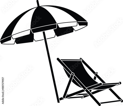 Beach vacation silhouette with striped umbrella and folding deck chair for summer resort and coastal travel branding vector
