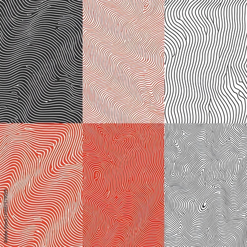 Set of white, red and black wavy lines abstract design. Topography concept. Collection wavy pattern background with copy space. Design for cover template, poster, banner, print ad. Generative Ai