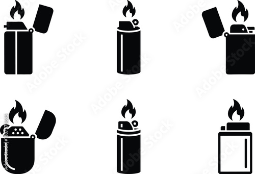 Metal and disposable lighter silhouette set with lit flame icons for outdoor gear lifestyle and fire hazard safety vector