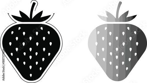 Strawberry silhouette and stylized fruit icon set with seeds and stem for organic food branding and summer garden vector