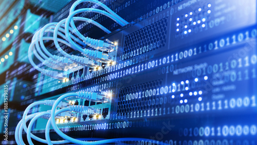 Digital code, Network switch and network cables in modern server room data center