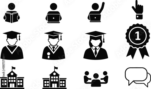 Education and graduation icon set with student avatars cap and gown graduates school building and award ribbon for academic branding vector