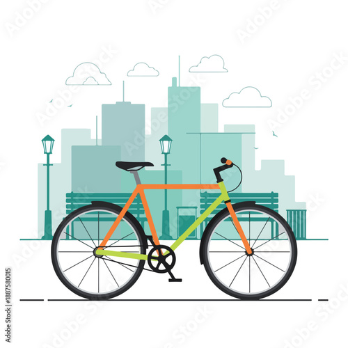 A vibrant digital illustration of a bicycle in orange and green hues, presented against a stylized cityscape background with teal buildings and street lamps. Perfect for urban planning,