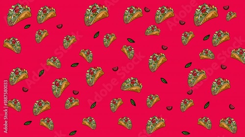 Seamless looping fast food background with illustrated tacos on a bold red backdrop. Dynamic motion pattern for food ads, restaurant videos, and menu screens.