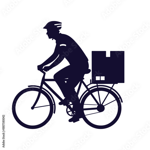 A dark blue silhouette of a delivery person riding a bicycle with a large box on the back, set against a white background. Perfect for logistics, transportation, and cycling advertisements.