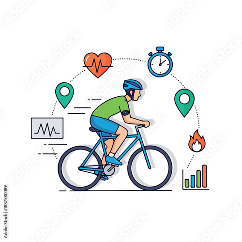 A man in a green shirt and blue shorts riding a blue bicycle surrounded by fitness and navigation icons on a white background. Perfect for health, fitness, and cycling presentations.