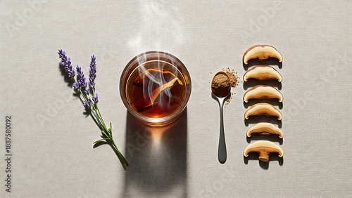 Elegant Medicinal Mushroom Wellness Elixir in Glass with Dried Reishi, Extract Powder and Herbs for Holistic Health and Adaptogenic Benefits, Minimalist Flat Lay.