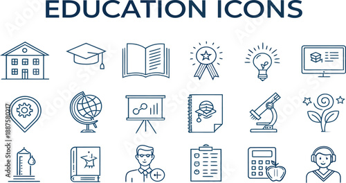 Education icons collection displays line art symbols for learning, graduation, knowledge,.