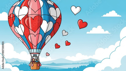 Hot air balloon with hearts flying in the sky with clouds and mountains romantic travel concept vector illustration