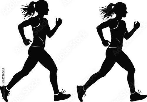 Black silhouette of female athlete running and jogging isolated on white background for fitness health sports training and active lifestyle