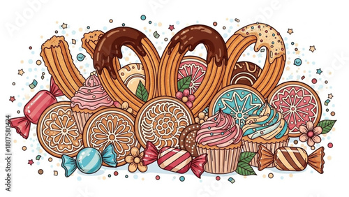 Assortment of churros cupcakes and candies festive sweet treats illustration for celebrations and desserts isolated on white background