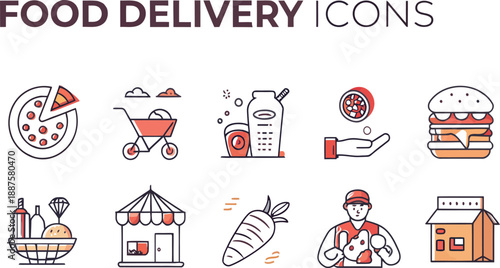 Food delivery icons showcase restaurant takeout items, fast service, and grocery shopping convenience.