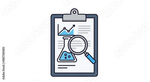 Clipboard with scientific documents beaker magnifying glass on white background symbolizing research and analysis in a laboratory setting for business and education