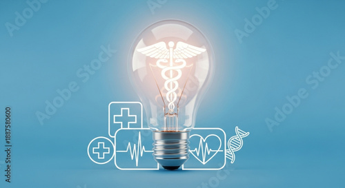 Medical innovation concept with glowing light bulb and healthcare symbols on blue background
