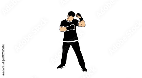 Man in boxing stance wearing gloves and athletic wear ready for fitness training or competition against a clean white background