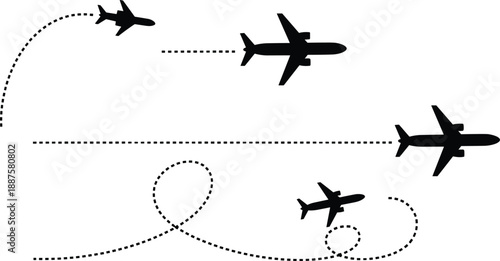 Set of black airplane silhouettes with dashed line flight paths and travel routes isolated on white background for aviation design