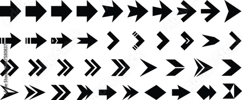 Set of black arrow icons and directional symbols in various styles including bold chevrons and pointer shapes isolated on white