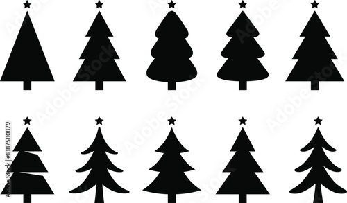 Set of black Christmas tree silhouettes with stars in various styles and shapes for holiday winter seasonal festive decoration vector