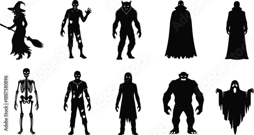Set of black Halloween monster silhouettes featuring a witch zombie werewolf vampire skeleton ghost and various spooky creatures isolated on white