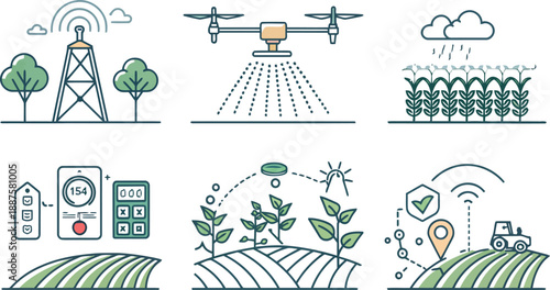 Smart farming technology icons depict drone application and precision agriculture monitoring systems.