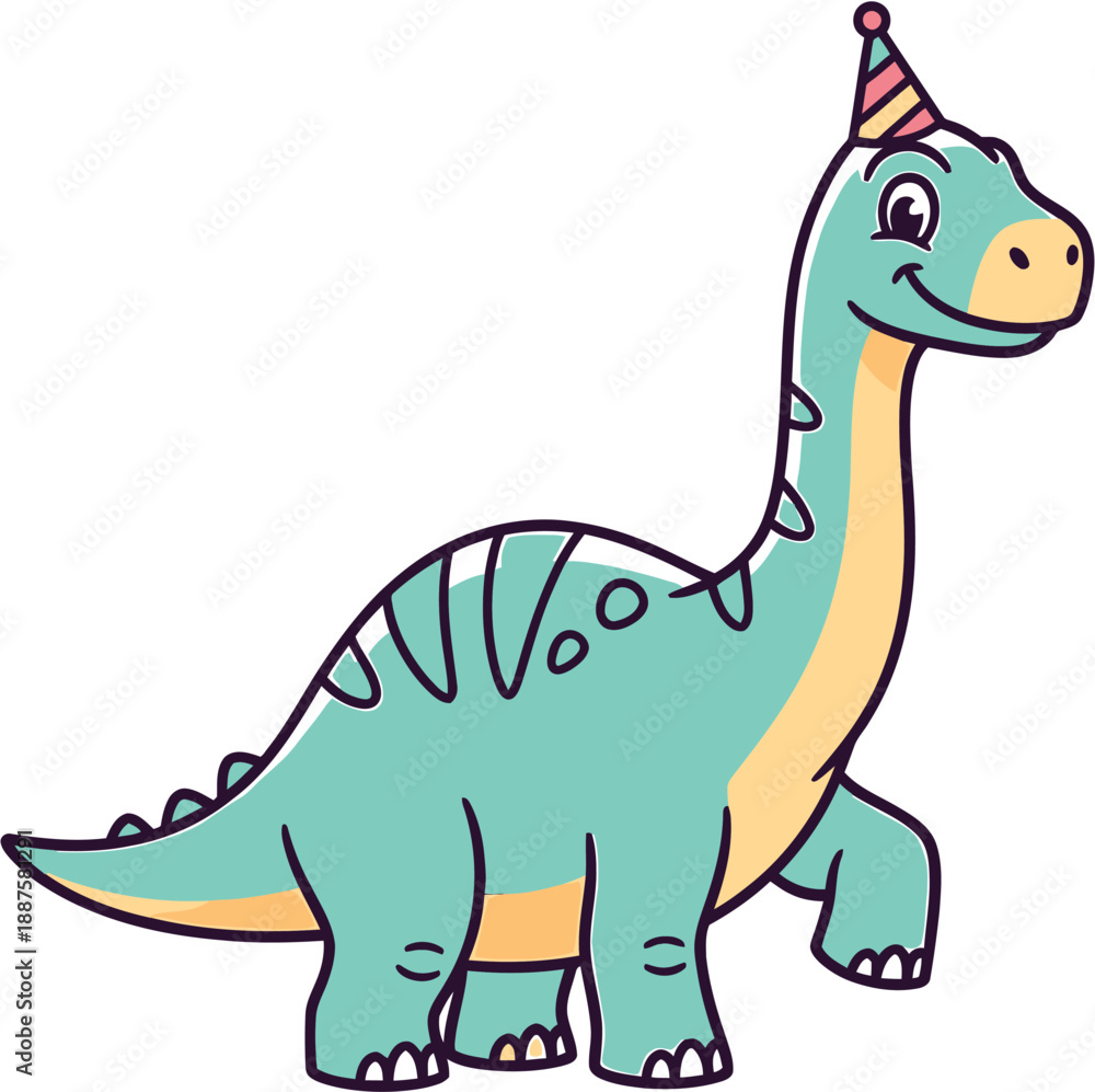 Naklejka premium A cute cartoon dinosaur wearing a party hat, perfect for children's invitations and birthday decorations