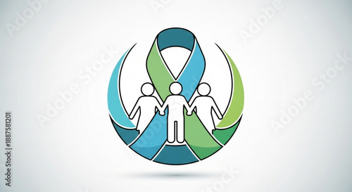 Diverse people holding hands in a circle with blue and green ribbon symbolizing unity support and partnership