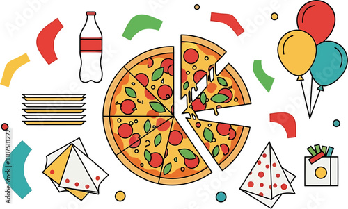A vibrant and festive illustration of a sliced pizza surrounded by party elements like balloons and confetti, perfect for celebrations and food-related themes