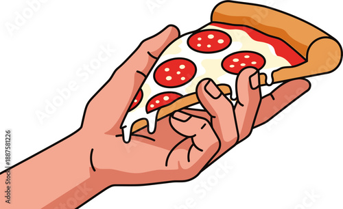 Hand holding a delicious slice of pepperoni pizza with melted cheese dripping down, a close-up shot showcasing the mouthwatering texture and appetizing ingredients of this popular comfort food
