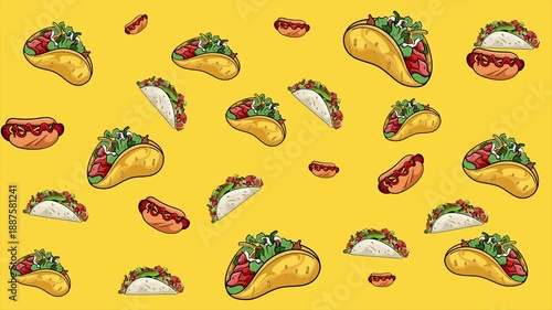 Bright looping animation with tacos and hot dogs on a yellow background. Fun fast food motion background for restaurant promos, menus, and social media videos.