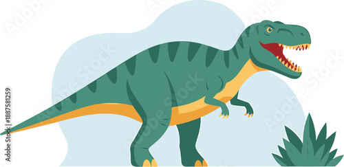 A vibrant green Tyrannosaurus Rex, shown in a cartoon illustration, stands with an open mouth and sharp teeth, embodying the ancient power and wonder of extinct prehistoric dinosaurs
