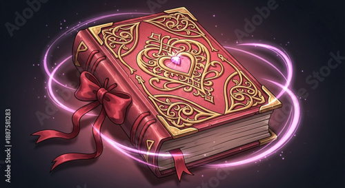Magical red book with gold filigree and heart symbol surrounded by glowing purple light