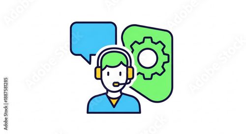 Customer support agent wearing headset with speech bubbles and gear icon for technical assistance and problem solving