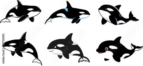 Set of adorable cartoon killer whale orcas swimming in the ocean, underwater marine life illustration