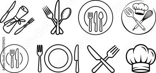 Black silhouette icons of plates cutlery and glassware for dining .Kitchen utensils silhouettes mega set, cookware pots pans cups and cutlery collection, cooking tools vector Dining cutlery and plate