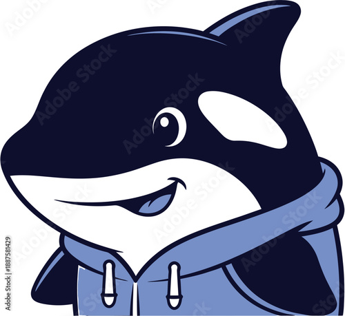 Charming cartoon killer whale mascot design featuring a friendly orca smiling happily while wearing a cozy blue hooded sweatshirt, perfect for branding and digital projects