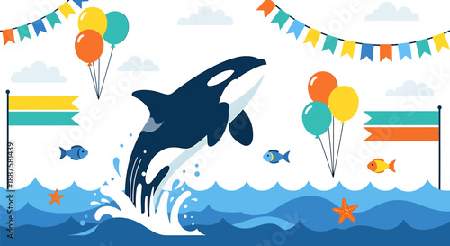 Whimsical Orca Whale Breaching Waves with Balloons and Bunting Flags at a Festive Ocean Party Celebration