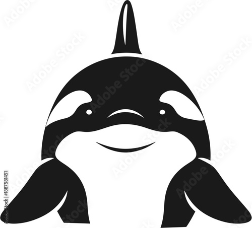 A captivating black and white graphic illustration featuring a friendly and smiling orca whale head, perfect for designs that aim to convey charm and marine life elegance
