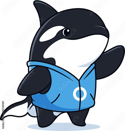 Cute Orca Whale Character in a Blue Hoodie, Waving Hello with a Friendly Smile